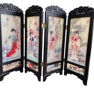 Vintage Dollhouse Miniature Asian 4 Panel Folding Screen